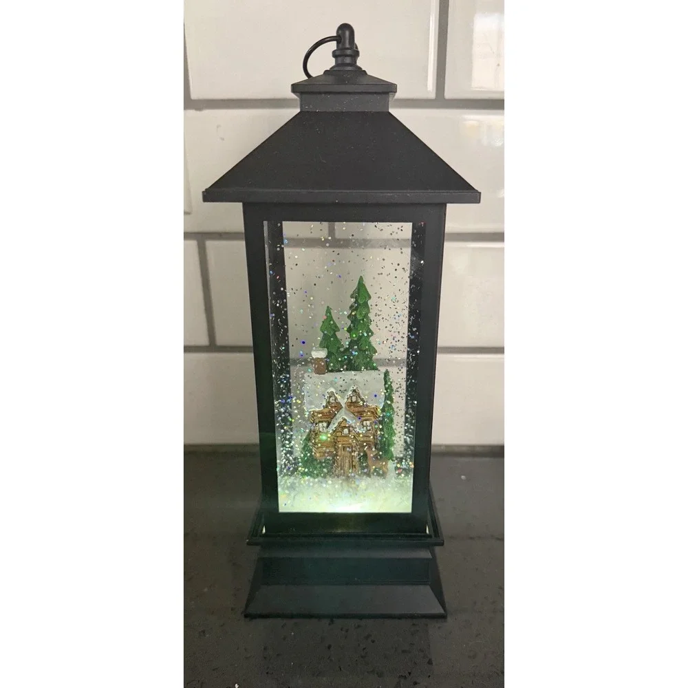 Illuminated Lantern Snow Globe Christmas Cottage Trees Lighted Liughts Up